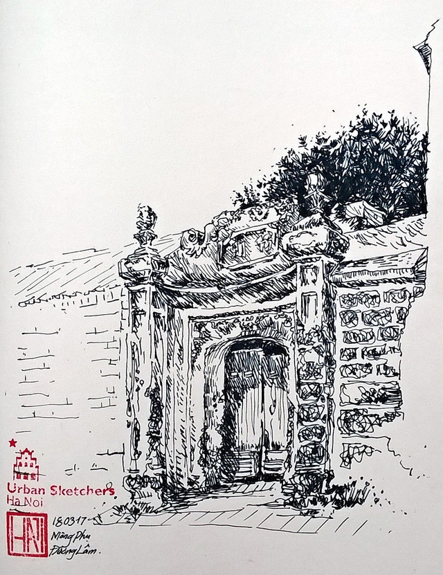 Cổng vào nhà hình quai giỏ bằng đá ong – ký họa của Atelier Hai Tran